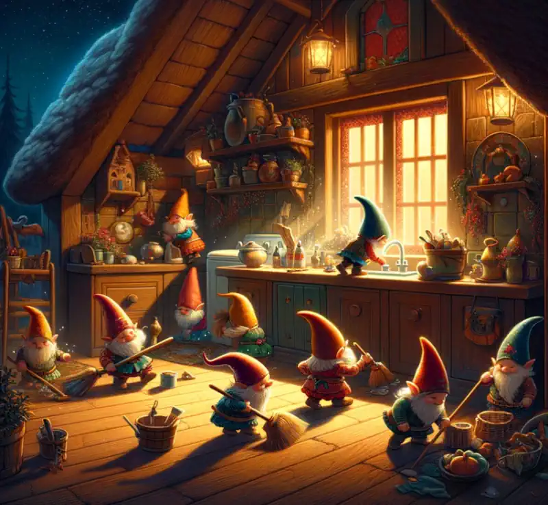 Gnomes Secretly Cleaning the House at Night