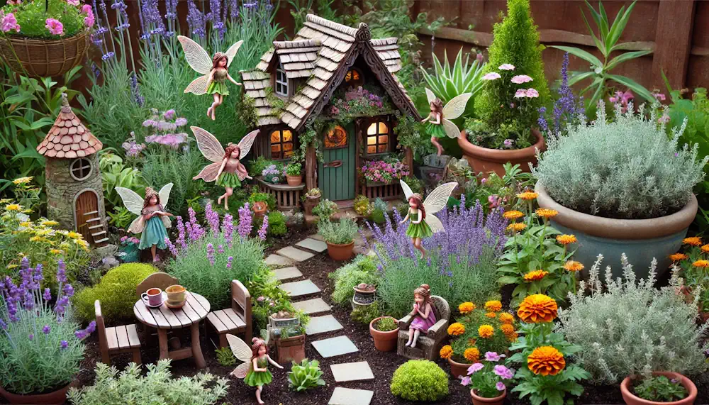 Fairies being attracted to a beautiful fairy garden