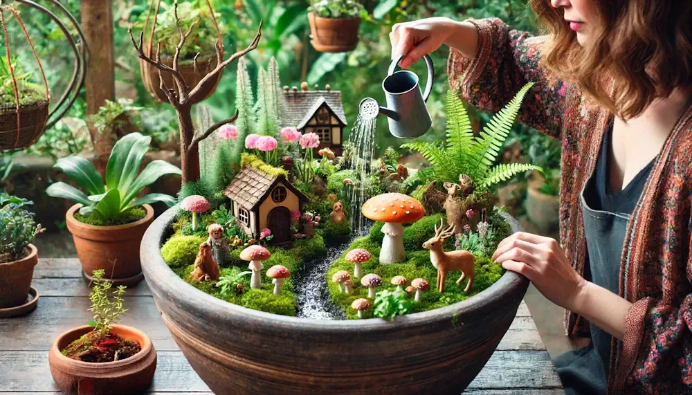 Watering the plants in the fairy garden